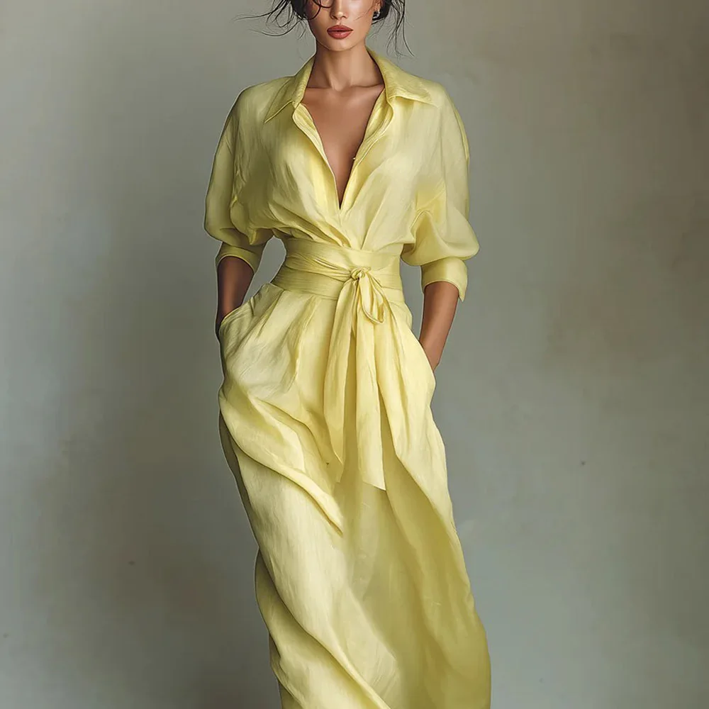 Nouvelle Robe Longue Bohème Élégante à Lacets Taille Haute pour Femme, Col Rabattu, Robe de Soirée Printemps, Manches 3/4, Poches, Robe Maxi de Vacances