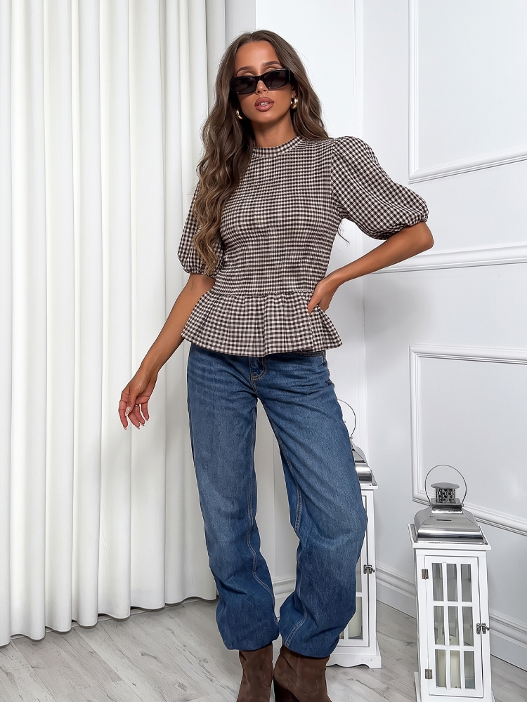 HH Chemise Vintage à Carreaux pour Femme, Élégante, à Manches Bouffantes et Col Rond à Volants, Haut Chic, Mode Féminine Été 2026, Tenue Urbaine et de Bureau