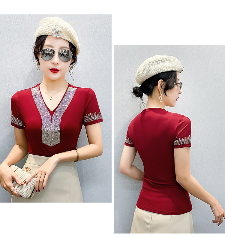 T-shirt à col en V orné de strass pour femme, chemisier d'été à manches courtes, coupe ajustée, haut décontracté en maille extensible tendance