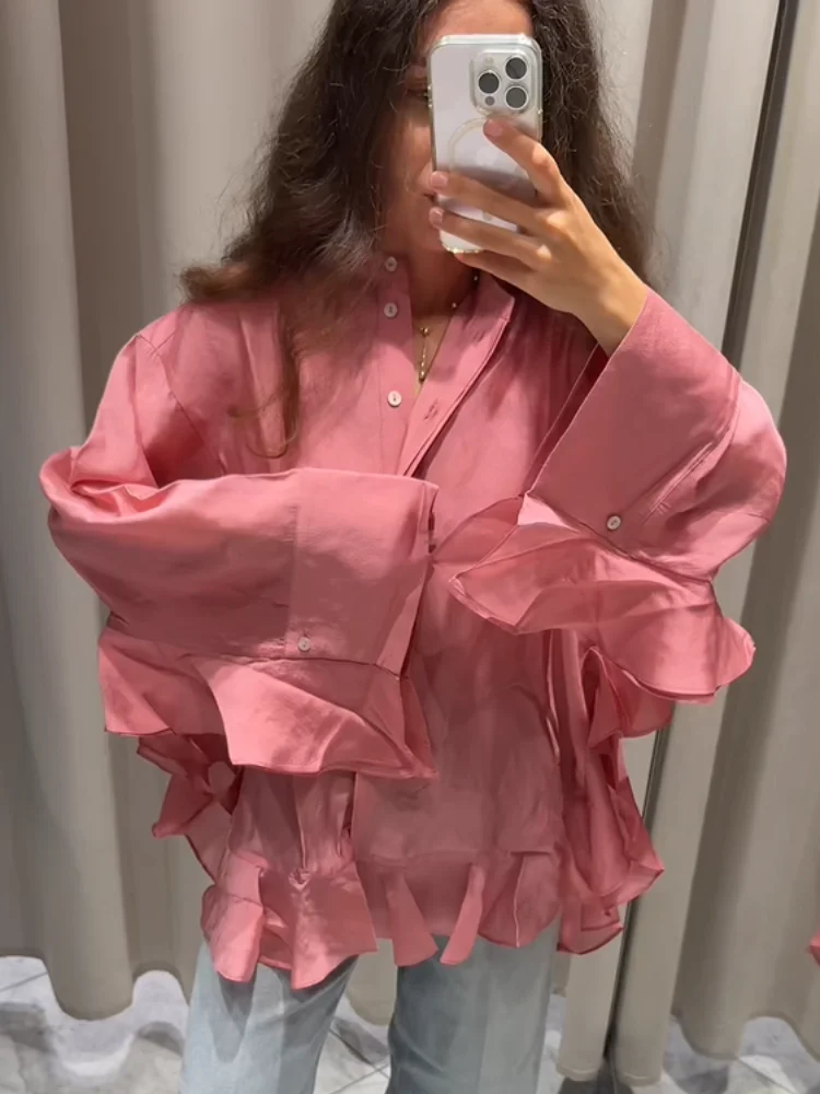 Chemise rose élégante en mousseline de soie à volants pour femmes, mode solide, simple boutonnage, chemises amples décontractées, Chic quotidien, hauts de bureau pour les déplacements quotidiens
