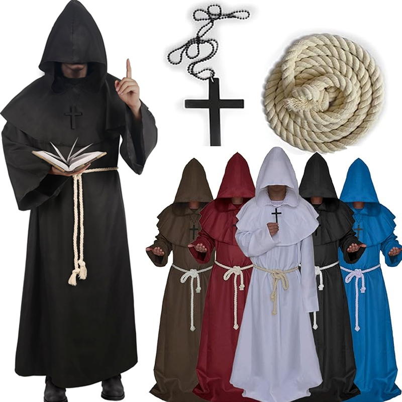 Robe de Prêtre Rétro, Costume de Cosplay d'Halloween, Cape de Sorcier Fantaisie Punk, Masque, Robe de Moine Médiévale, Capuche de Moine