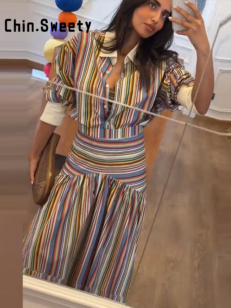 Ensemble 2 pièces mode femme : chemisier rayé multicolore boutonné et jupe longue évasée taille haute – Collection été 2026