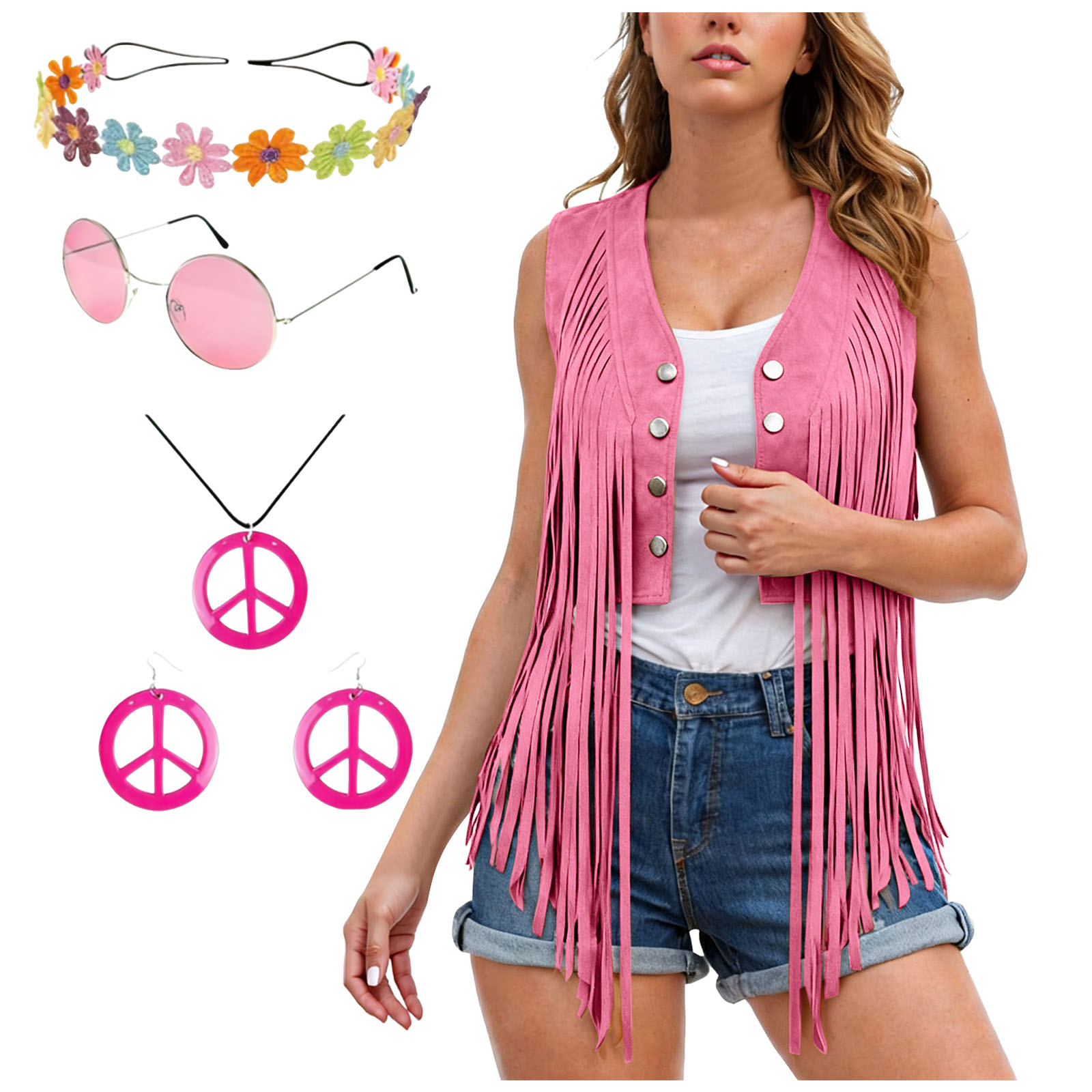 Costume hippie années 60-70 pour femmes, veste à franges, bandeau, lunettes de soleil, collier, boucles d'oreilles, tenue pour soirée dansante, disco, rave