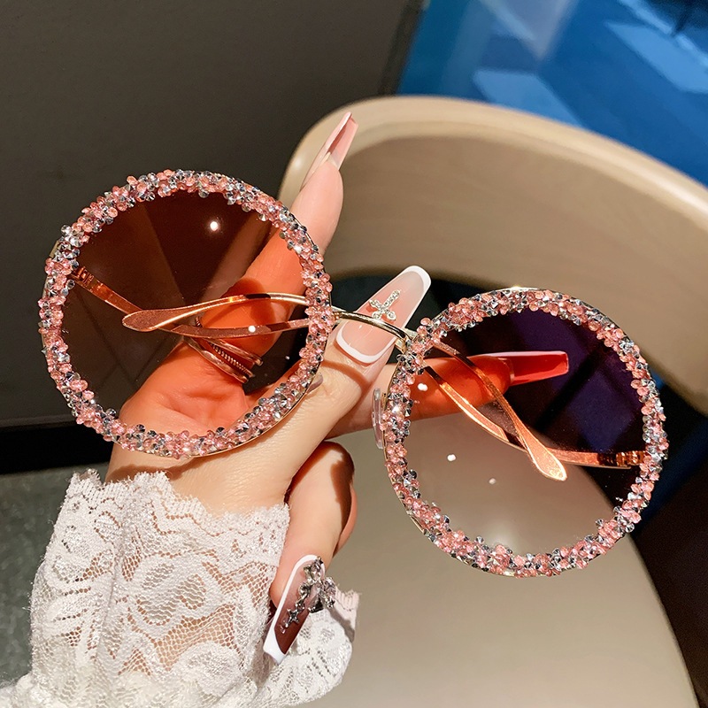 Lunettes de soleil rondes vintage pour femmes, avec diamants, dégradées, surdimensionnées, design de marque de luxe, tendance