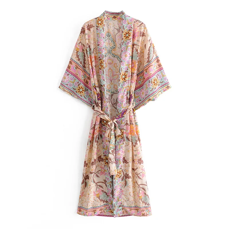 Boho Queens femmes paon imprimé manches chauve-souris plage bohème Kimono Robe dames col en V gland été Happie Bikini couvertures