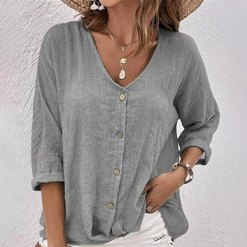 Chemisier décontracté en lin pour femme, col en V, manches 3/4, boutonné, coupe ample, couleur unie