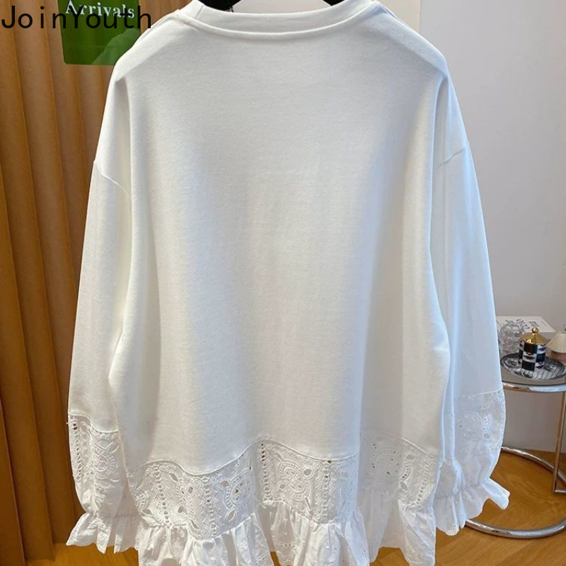 T-shirts surdimensionnés vêtements pour femmes Patchwork dentelle à manches longues t-shirts col rond décontracté Camisetas mode T-shirt blanc 2025 Ropa Mujer
