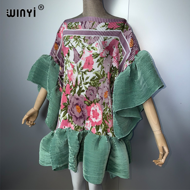 Robe courte plissée élastique décontractée WINYI pour femme, paréo de plage, caftan, abaya, tenue de soirée de luxe Dubaï, mode musulmane