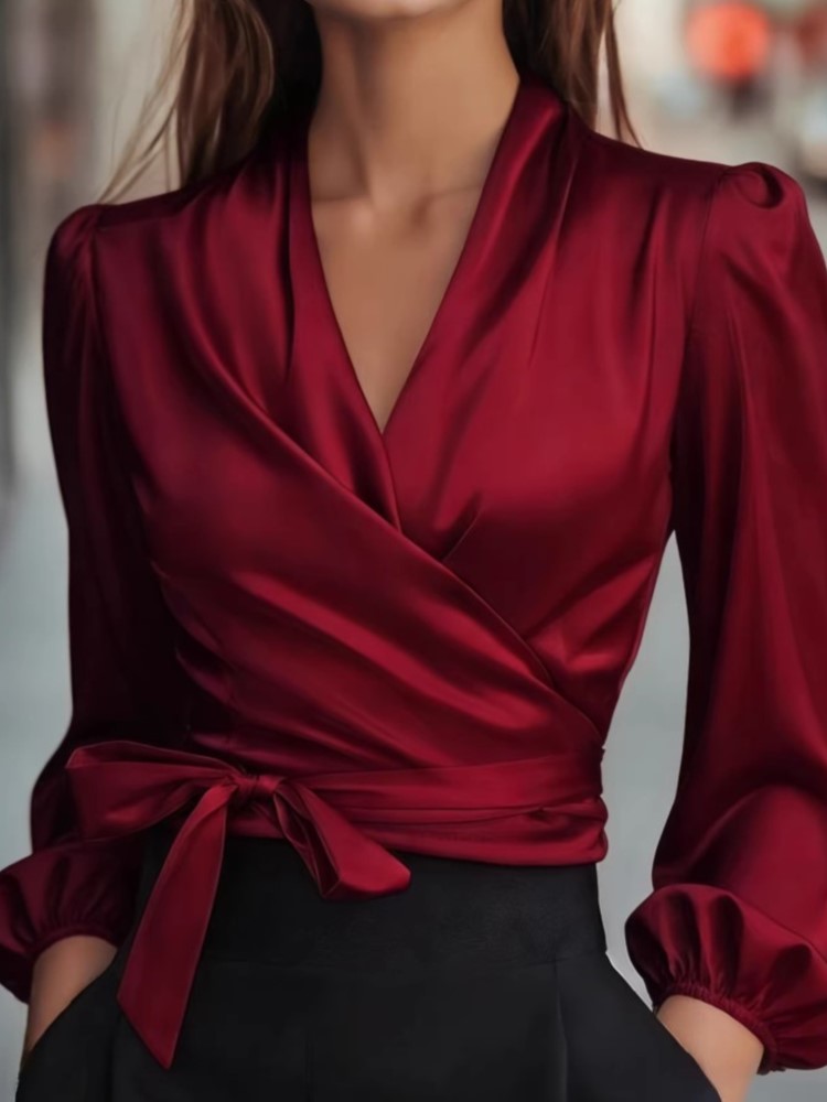 Élégant solide chemise pour les femmes mode à manches longues col en V à lacets pull dessus de chemise dame décontracté vacances bureau vêtements printemps