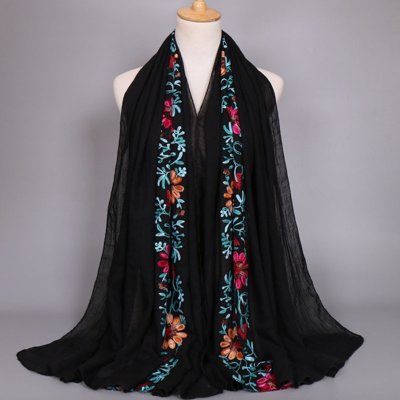 Foulard en Viscose brodé pour femme, châle en coton, point uni, fleur bleu marine, Hijab musulman, mode automne 2026