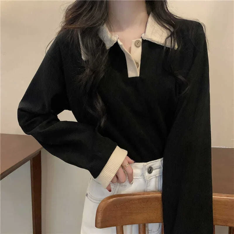 Économie à manches longues pour femmes, col rabattu, pulls basiques, t-shirts de style preppy doux, mode coréenne décontractée, automne