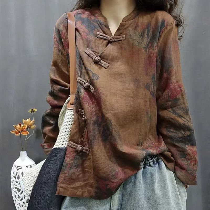 Chemisier Femme Style Ethnique à Motifs Floraux, Col Asymétrique Rétro, Nouveauté Printemps-Automne, Hauts Littéraires en Coton et Lin