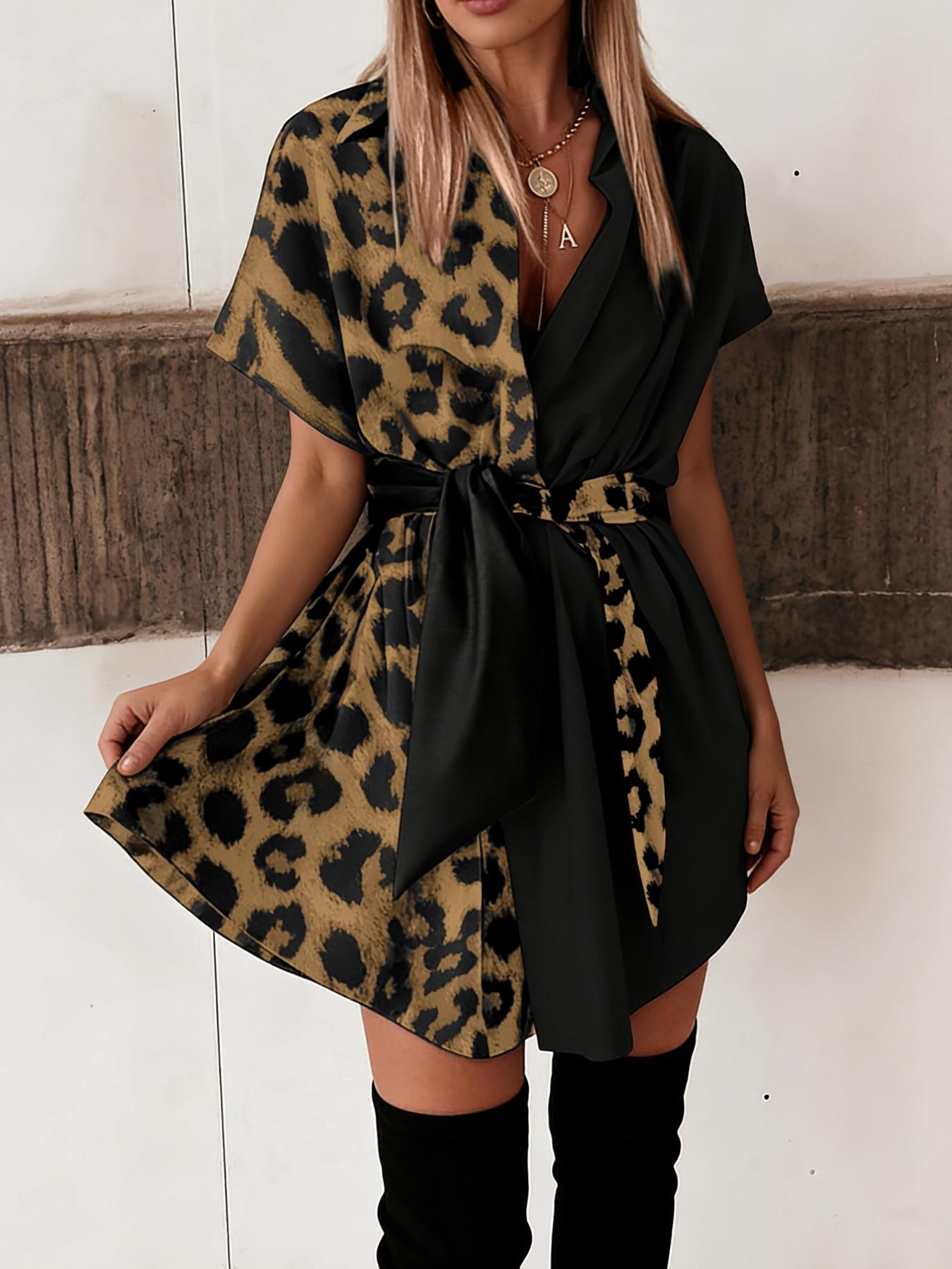 Robe chemise asymétrique à manches courtes pour femme, imprimé léopard uni, design contrastant bicolore, tenue décontractée tendance