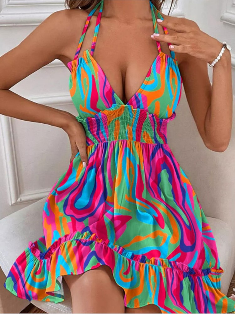 Femmes été licou col en V profond robe d'été Sexy dos nu à volants smocké robe courte taille dos ouvert robe Mini robe patineuse 2024