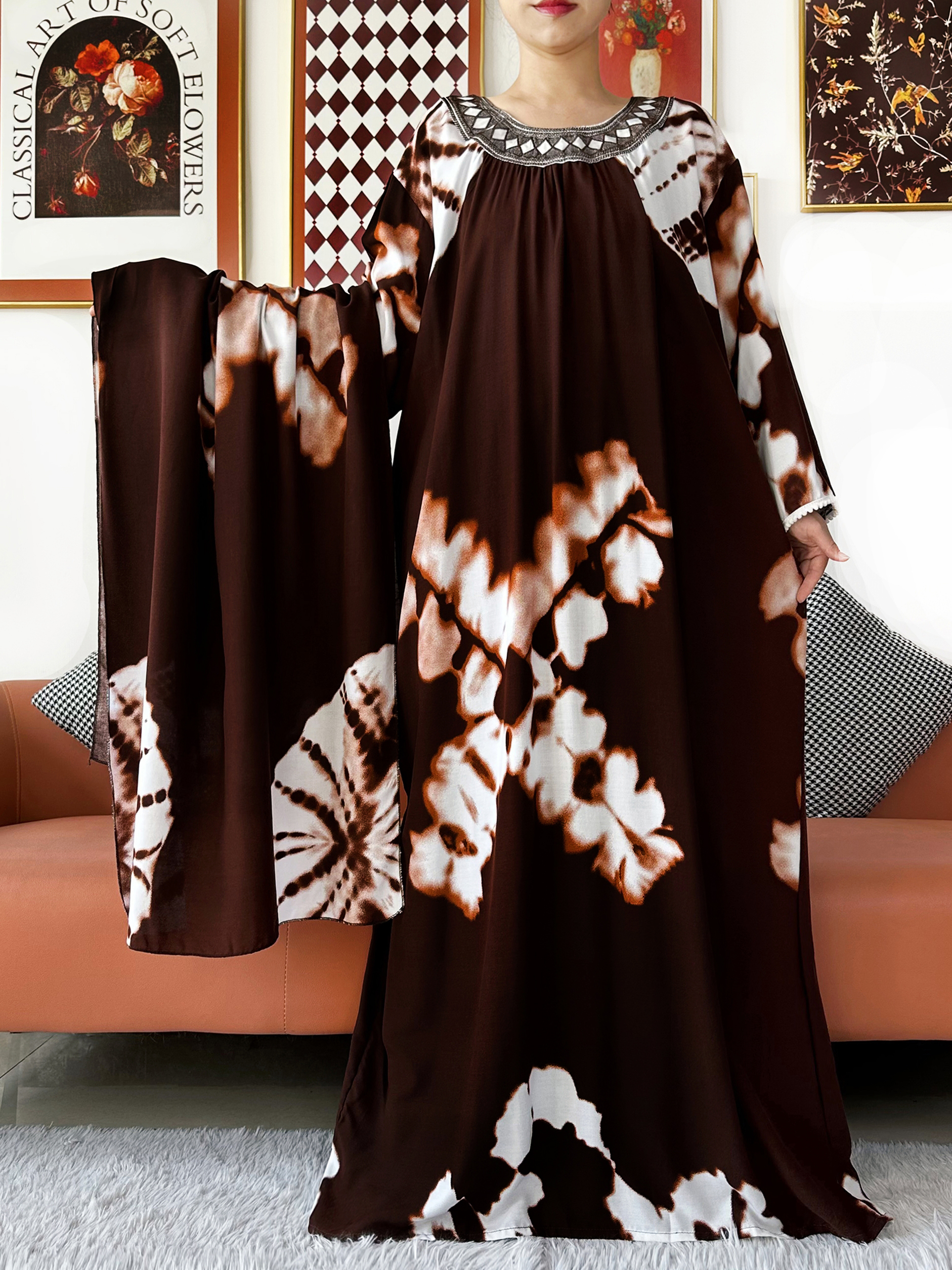 2026 femmes musulmanes à manches longues brodé col rond coton femmes lâche Abaya Boho Maxi robe décontracté robe de mode robes africaines