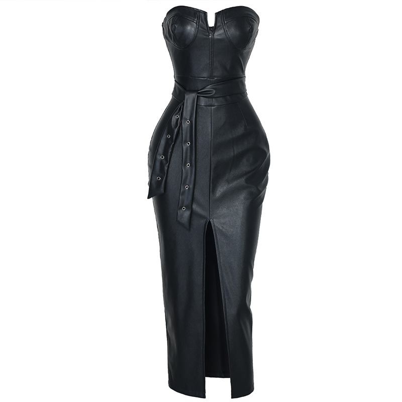 Robe en cuir PU pour femmes, Sexy, sans bretelles, moulante, fendue, Rivet, goutte, drapée, tenue de soirée, Club