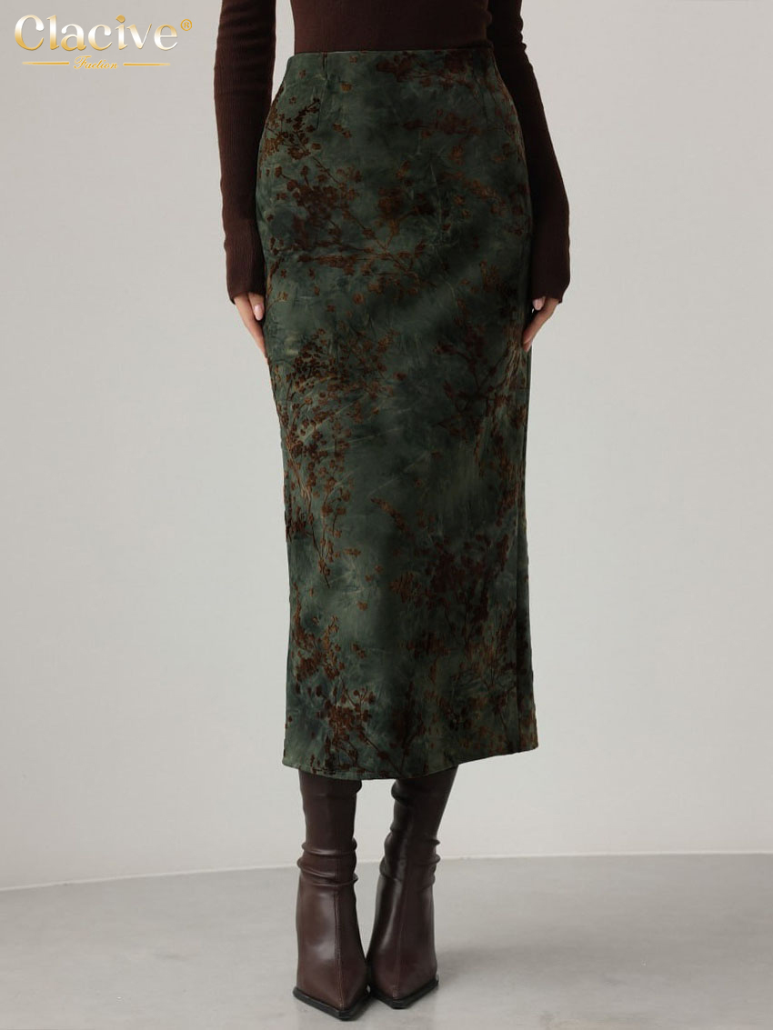 Clacive mode ample imprimé femmes jupe 2025 Vintage taille haute jupes mi-longues dames élégant classique jupe femme vêtements