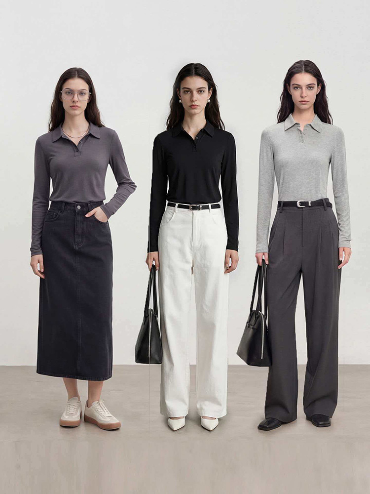 T-shirt Polo à manches longues pour femmes, 80% soie, sans repassage, Slim, doux, haute élasticité, hauts basiques