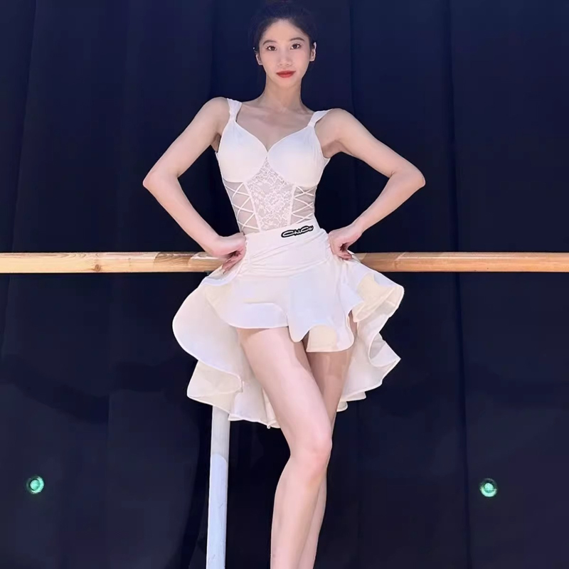 Robe de danse latine pour femmes, tenues avec soutien-gorge en dentelle, combinaisons, hauts, jupe à volants, Costumes de spectacle sur scène pour concours de danse pour adultes