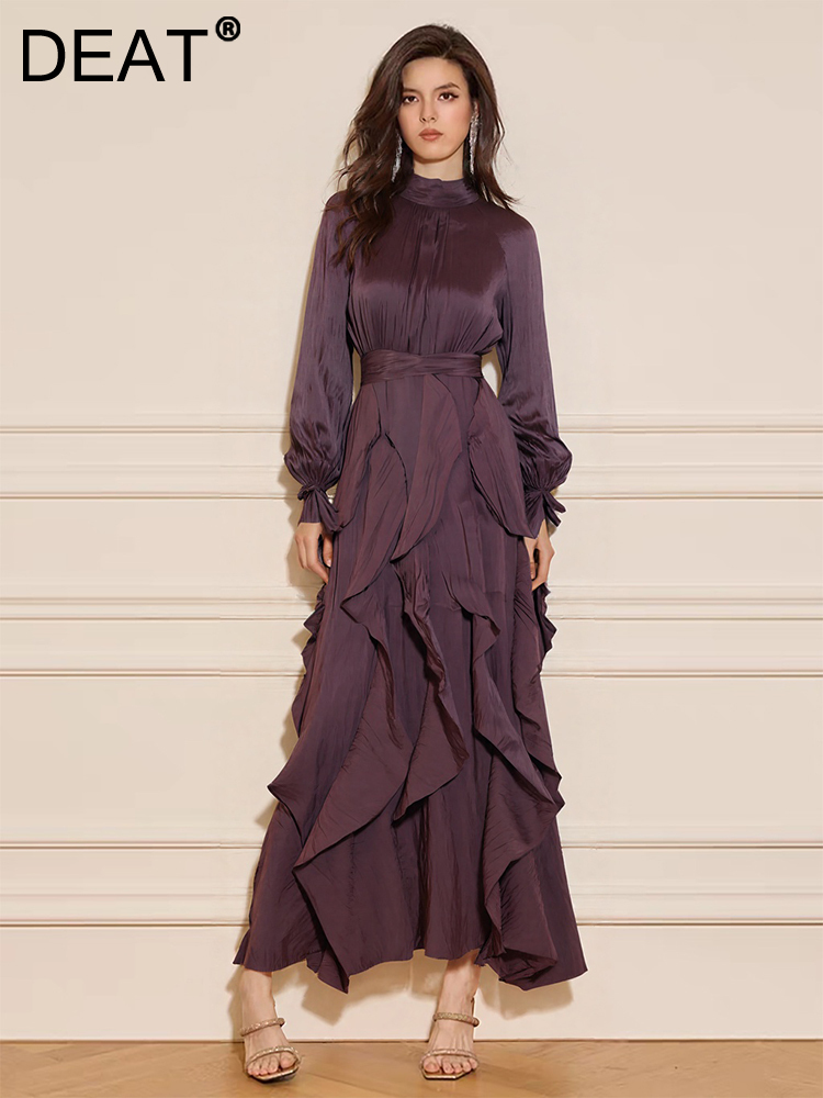 Robe de soirée violette DEAT pour femmes, col roulé, coupe ajustée, laçage à la taille, volants irréguliers, manches longues, nouvelle collection
