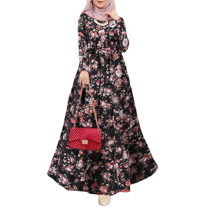 Abaya-Robe musulmane à fleurs pour femmes, manches longues, imprimé floral, plissé, ceinture, caftan décontracté, ramadan, Maroc