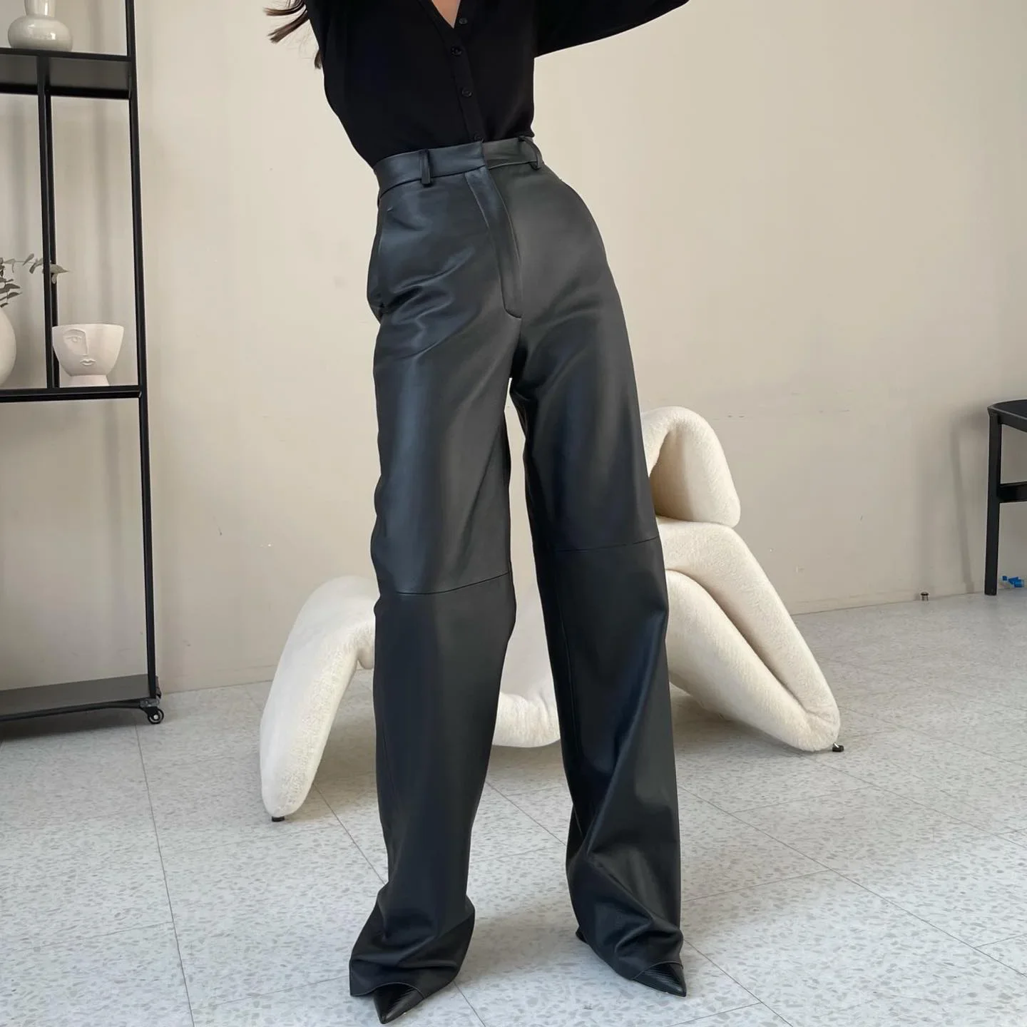 FJSPRING-Pantalon en cuir PU pour femme, taille moyenne, levage de la hanche, jambe droite, décontracté, mode