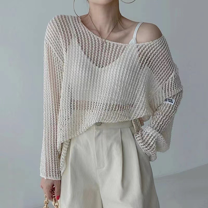 Mode coréenne creux voir à travers la crème solaire tricot couvre col rond ample décontracté femmes Blouse à manches longues Simple mince chemises