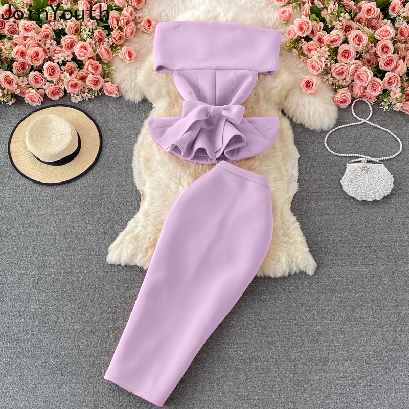 Costume jupe pour femmes, ensemble deux pièces, col Slash, Bandage, nœud, volants, haut court, taille haute, jupes moulantes, tenues d'été Sexy