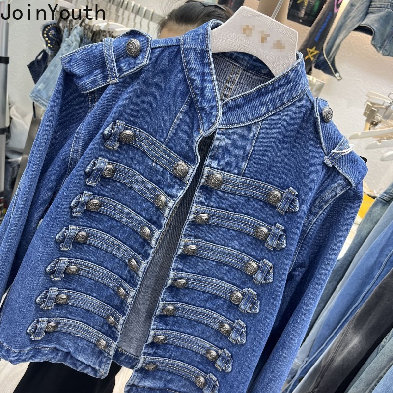 Vestes en jean pour femmes, style vintage, col montant, manches longues, coupe courte, tunique décontractée chic, style Y2K, Ropa Mujer