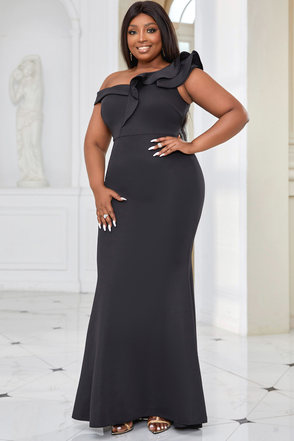 Robe élégante grande taille pour femme, asymétrique à volants, robe de soirée cocktail sans manches, robe longue moulante, robe maxi unie tendance