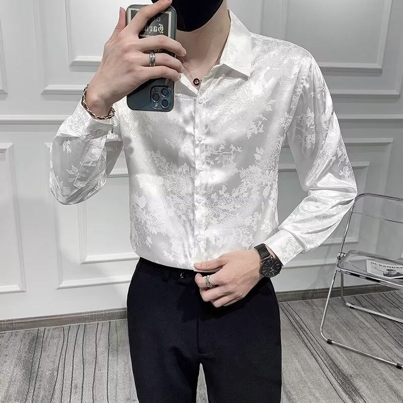 Nouveaux hommes mode coréenne haute rue luxe affaires chemise décontractée printemps revers à manches longues noir blanc mince hauts Camisas De Hombre