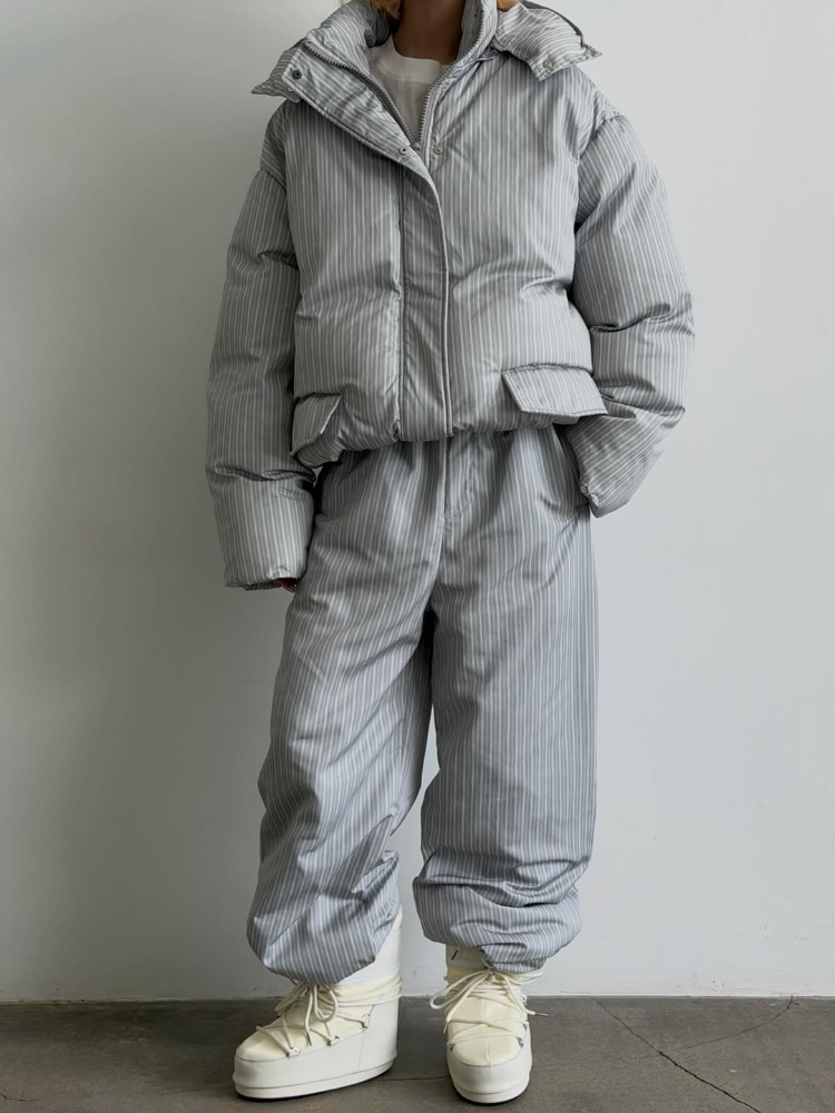 Ensemble deux pièces mode en coton rayé pour femme : Manteau à capuche zippé et pantalon large – Tenue quotidienne automne-hiver 2026
