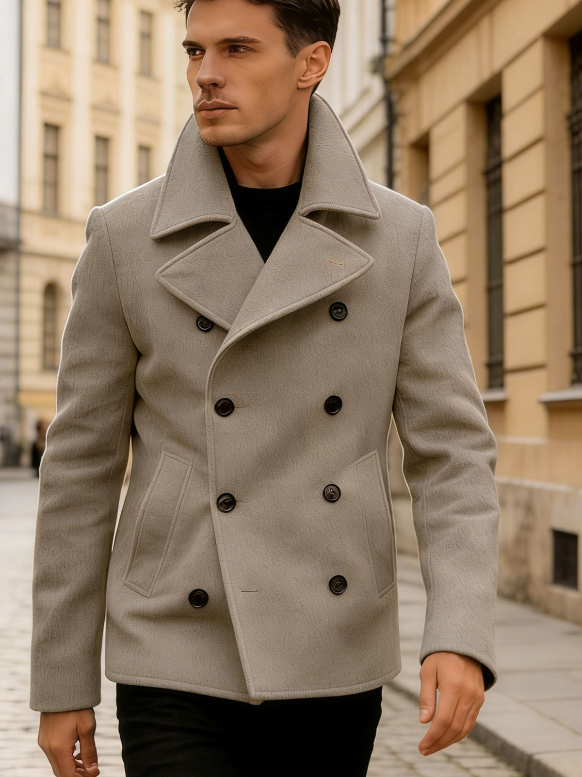 Manteau en laine pour homme, style marin, croisé, coupe ajustée, style rétro européen, épais, pour l'hiver, l'automne et le printemps