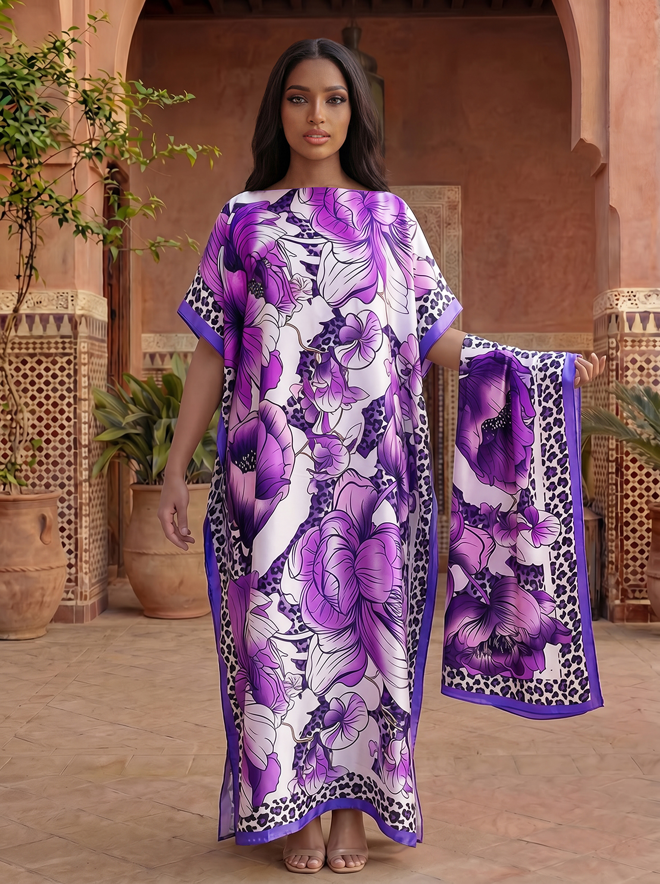 Abaya en satin à imprimé floral léopard avec foulard, kaftan maxi ample pour femmes musulmanes, tenue de plage estivale