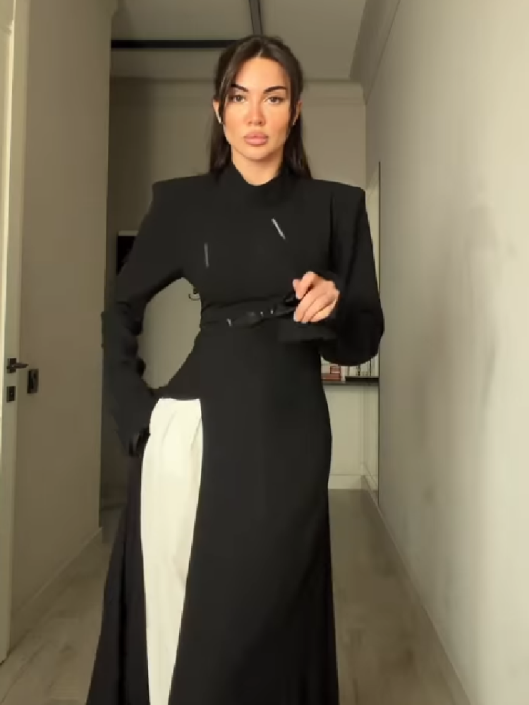 Robe longue décontractée à col montant et manches longues pour femme, élégante, amincissante à la taille, avec fente au bas, tenue unique et chic pour le travail et les réunions