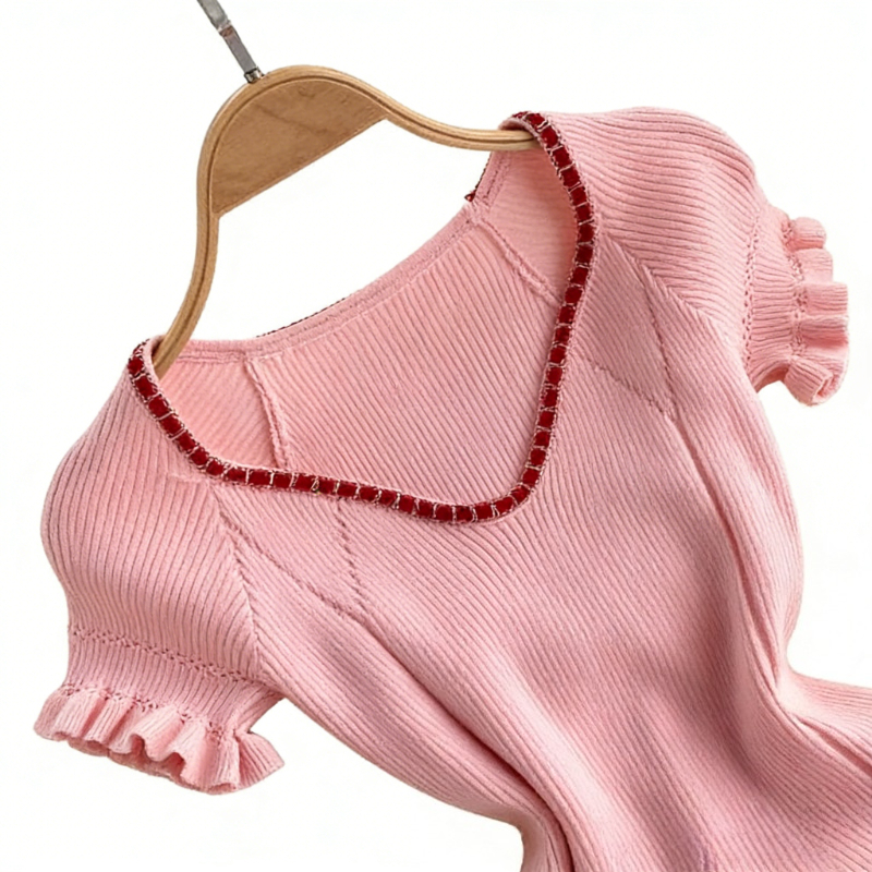 Robe mini moulante décontractée pour femme, rose, à manches courtes, col en V, avec volants, en tricot côtelé extensible, idéale pour les soirées et les clubs