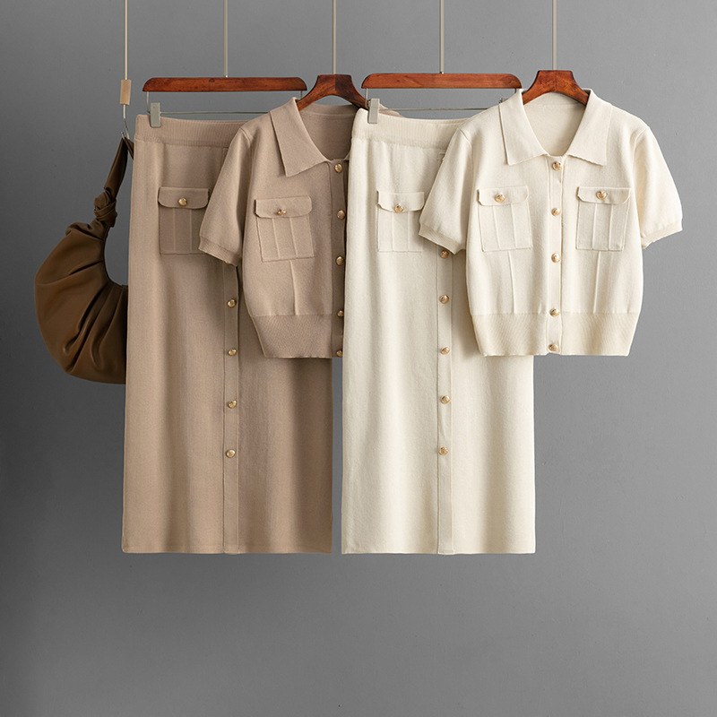 Tenue pour femmes, couleur unie, manches courtes, Cardigan tricoté et jupes élégantes, ensemble deux pièces, mode décontractée, boutons, costume d'été