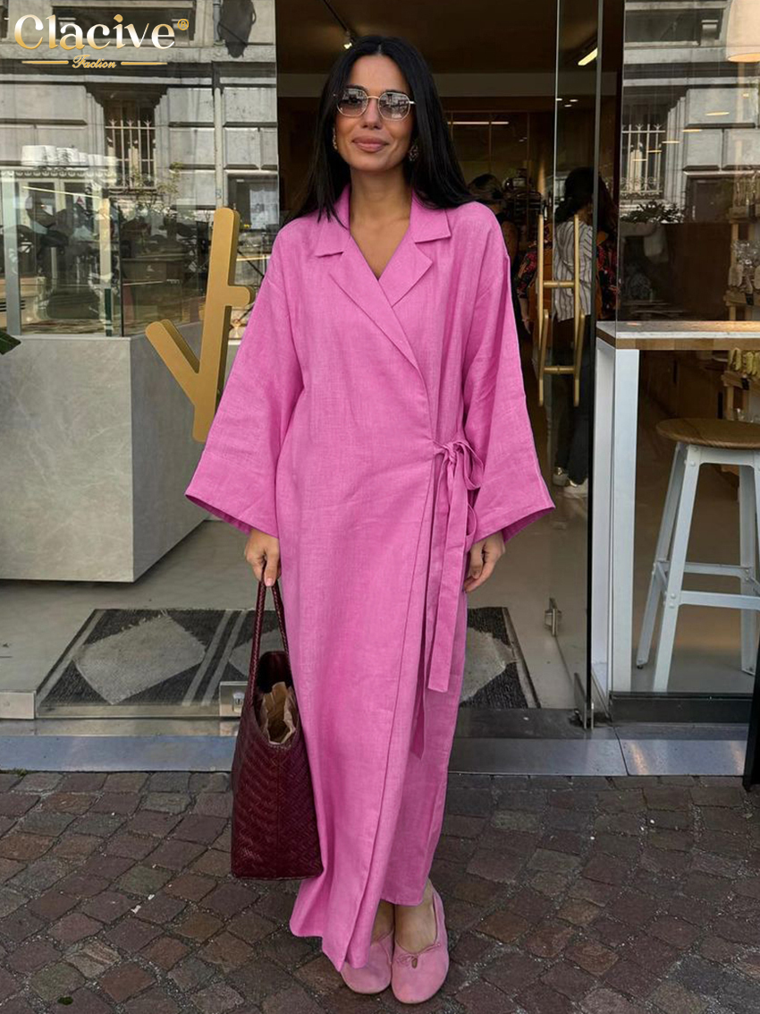 Clacive décontracté ample rose coton robe dames mode revers à manches longues cheville longueur robe élégante à lacets robes pour les femmes