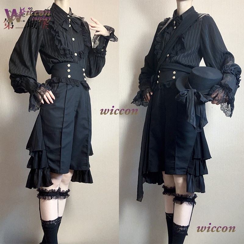 Costume noir fantaisie Cosplay pour femmes, tenue de Style Jirai Kei Ouji, chemisier médiéval Lolita, short gothique unisexe Prince, chemises à manches longues