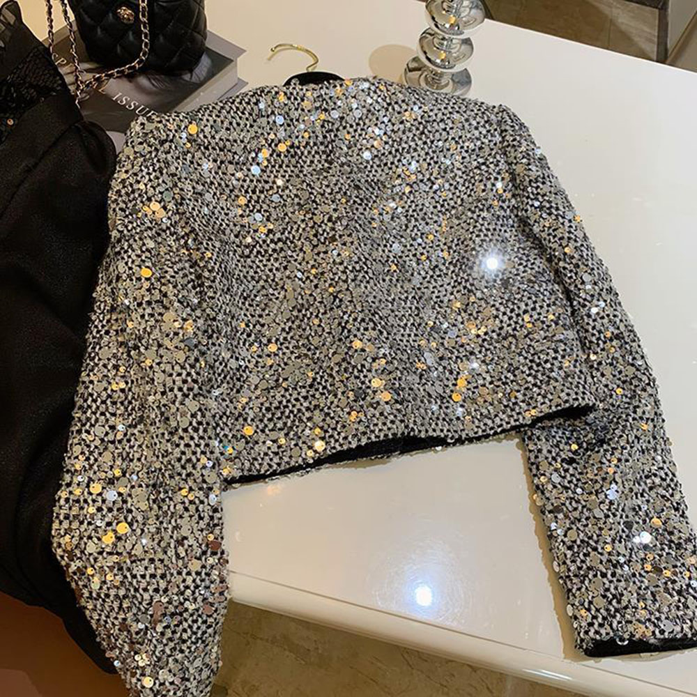 Veste à paillettes vintage pour femmes, vestes courtes argentées, manteau élégant pour dames de bureau, mode coréenne, printemps, chic, 2024
