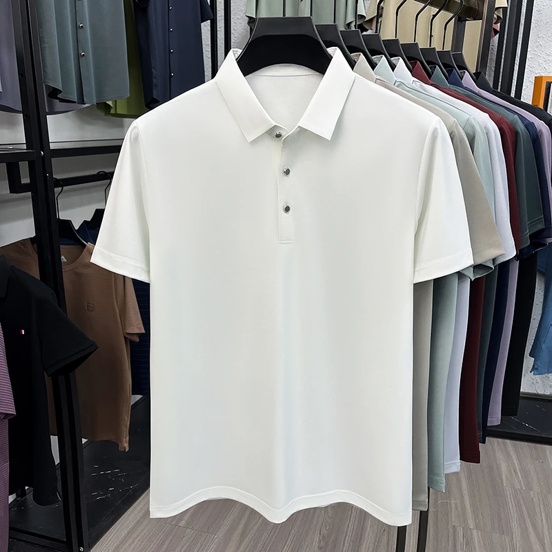 Polo en soie de mûrier pour hommes, tissu doux au toucher soyeux, manches courtes, pour les affaires et un usage quotidien