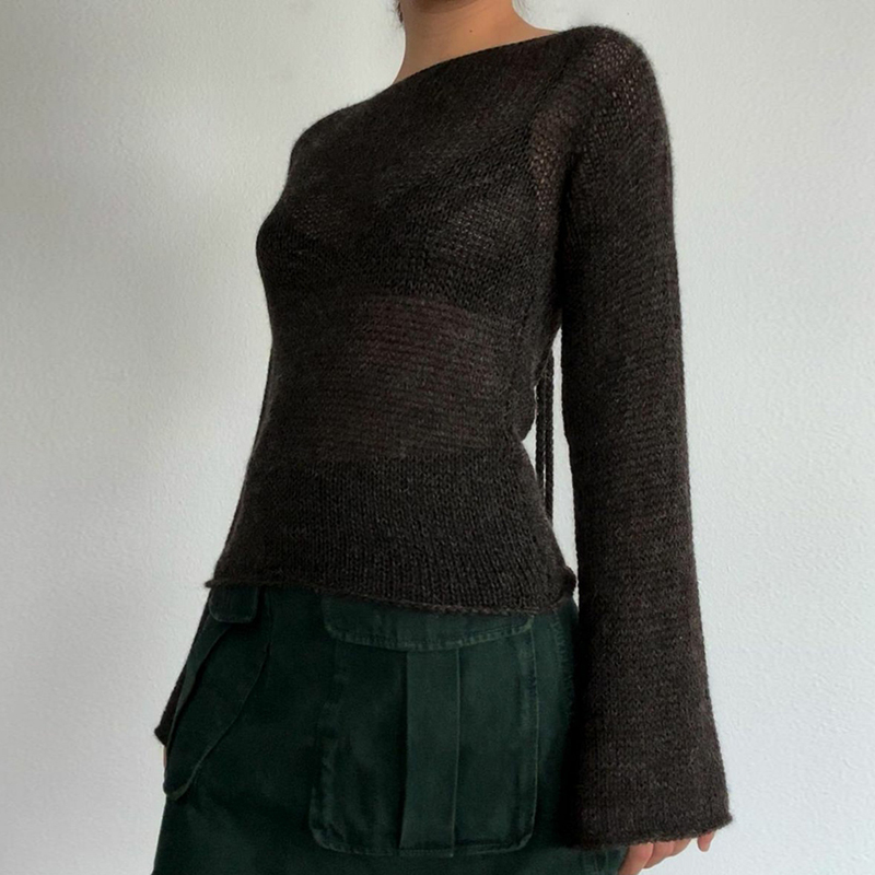 Pull tricoté à manches longues et col bateau pour femme, haut à nouer, dos nu, mode coréenne Y2K, Vintage, automne