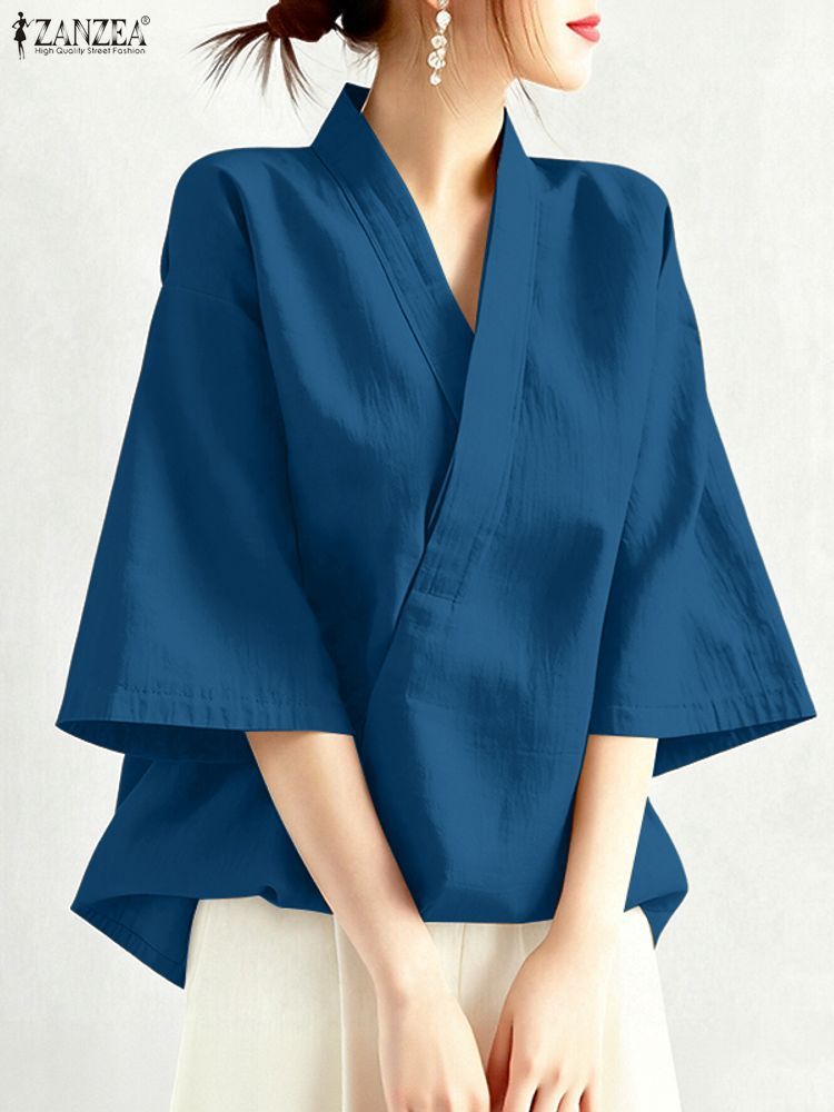 ZANZEA femmes Blouse tendance 2025 été croix col en V demi manches hauts solide ample travail tunique Style chinois Kimono chemises surdimensionnées