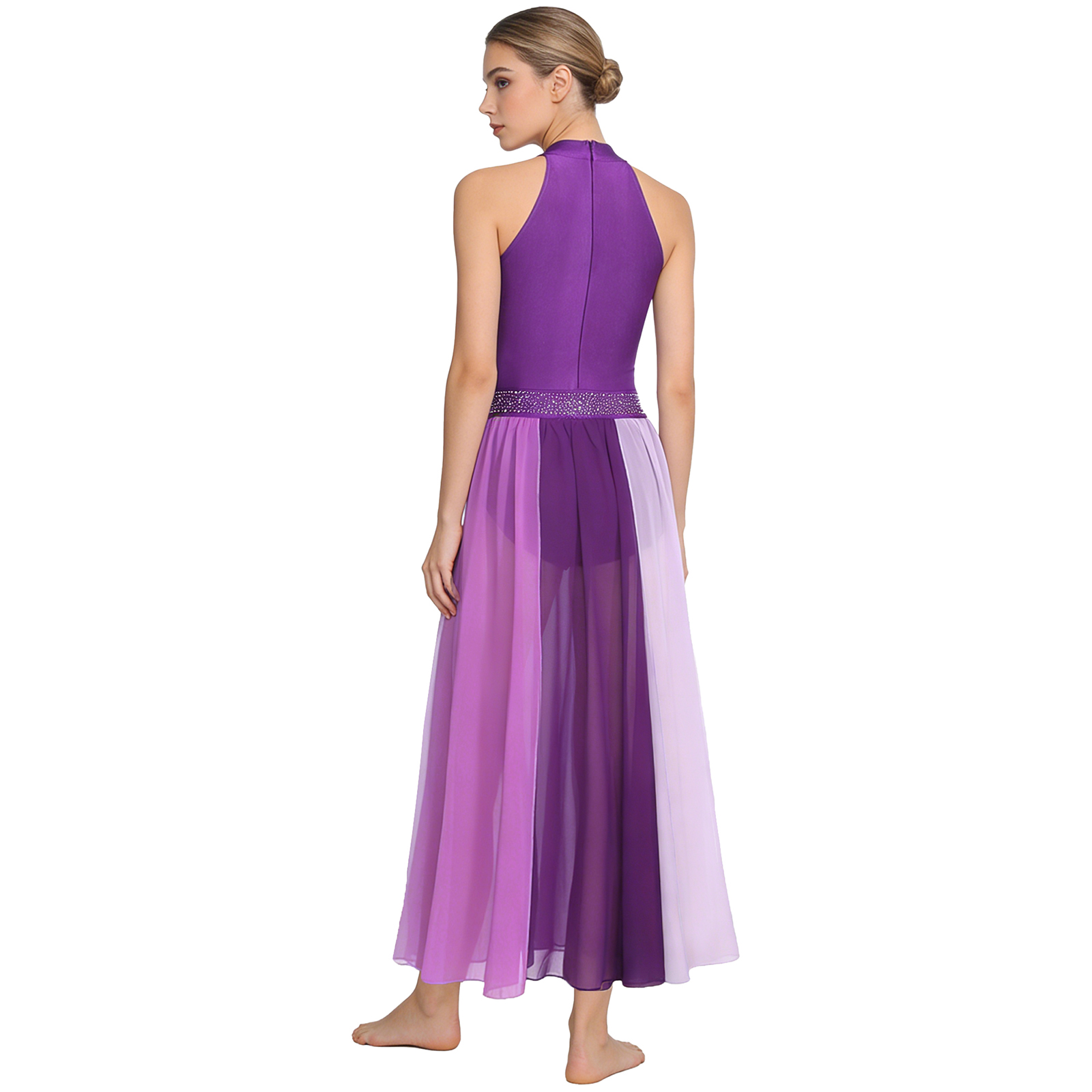 Robe de danse lyrique moderne contemporaine pour femmes, costume de performance, strass, fente latérale, robe en maille, costume de danse