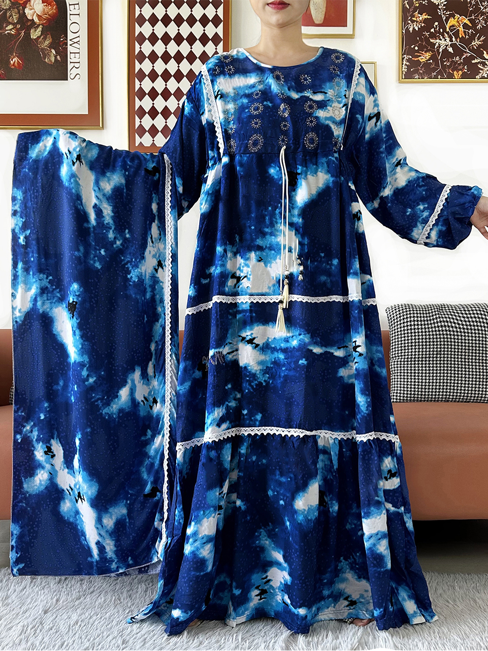 Nouvelle Robe Kashkha Dubaï en Coton Fleuri, Abaya Dubaï à Manches Longues, Ample, Style Bohème, Maxi, Décontractée, Tendance, Vêtement Africain ED402