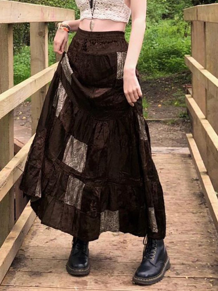 Jupes longues plissées marron pour femmes, jupes de fête mignonnes, imprimé Boho Grunge, jupes rétro Fairycore, vacances Kawaii, élégantes