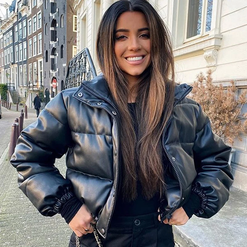Parka d'hiver manteau femme veste épaisse chaude femmes mode noir PU cuir manteaux femmes élégant fermeture éclair Faux cuir vestes hauts
