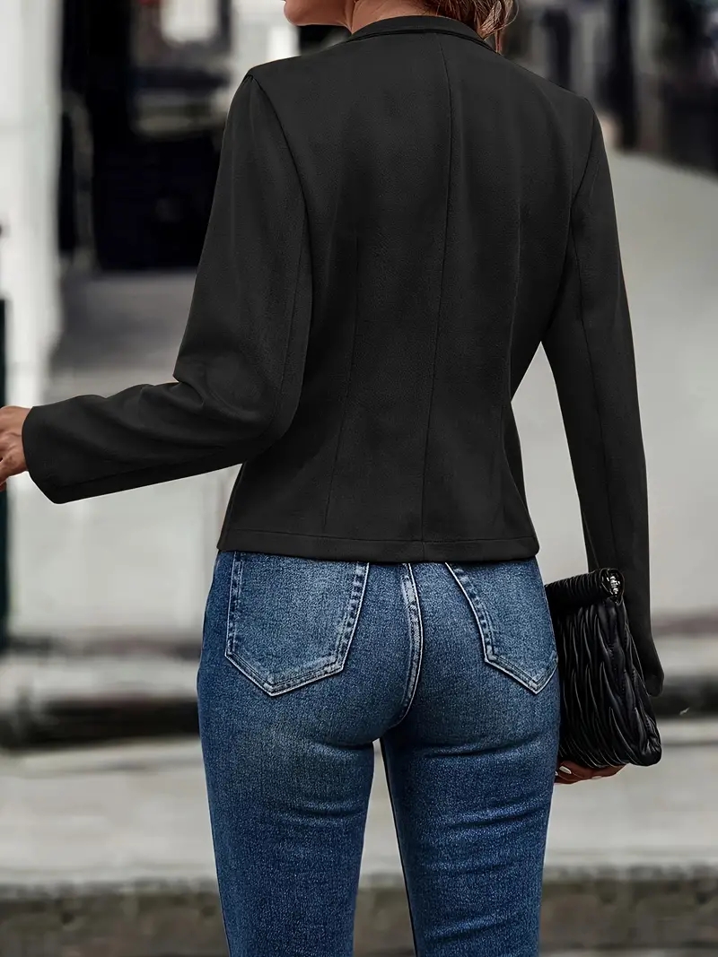 Veste courte en daim pour femme, col montant, ouverte sur le devant, avec détail plissé, pour l'automne et l'hiver, style décontracté