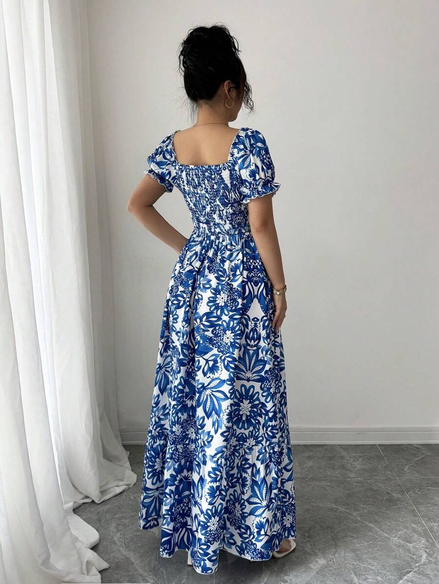Robe élégante à manches bulles pour femmes, imprimé Floral, robe longue bleue, cravate sur le devant dans le dos, taille froncée, vacances décontractées