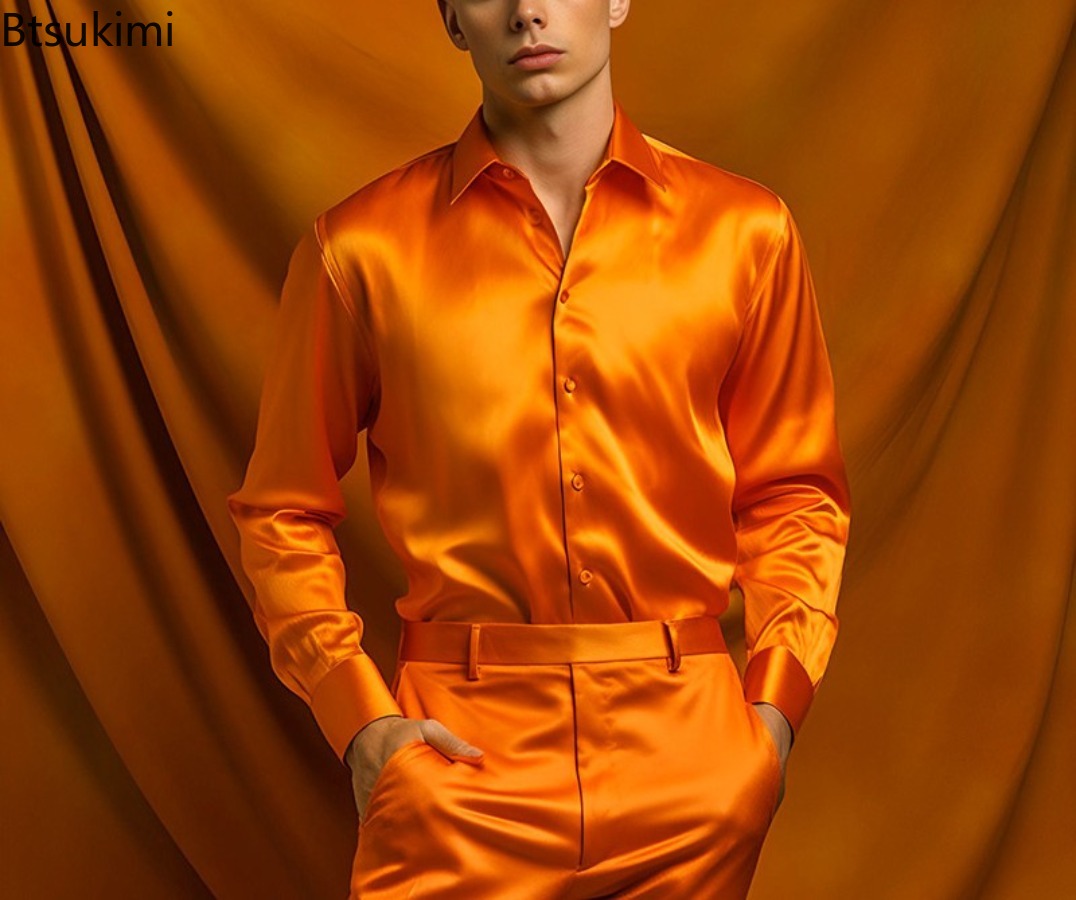 Chemise de luxe en Satin de soie pour hommes, manches longues, décontractée, coupe cintrée, pour bureau d'affaires, élégante, couleur unie, revers, fête de mariage, bal